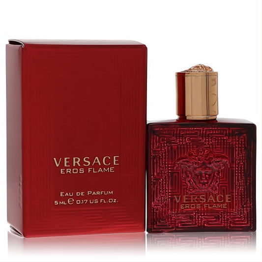 Versace Eros Flame 0.17 oz mini EDP. Bold red bottle with Medusa head, Greek key texture, gold cap, and matching box.