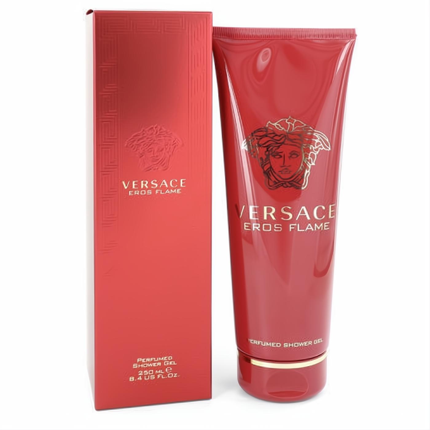 Ignite your senses with Versace Eros Flame 8.4 oz men's perfumed shower gel. Fiery red tube and box, iconic gold Medusa.