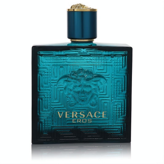 Bold Versace Eros men's after shave. Iconic teal glass bottle with Medusa head, Greek key design, and luxurious gold cap.