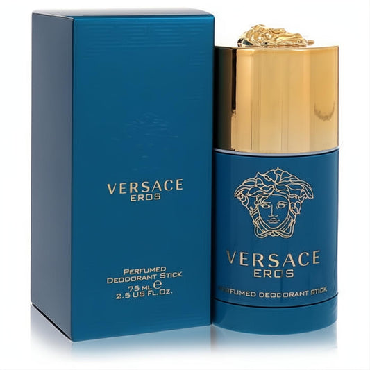 Versace Eros 2.5 oz men's perfumed deodorant stick. Striking teal container, luxurious gold Medusa cap, and matching box.