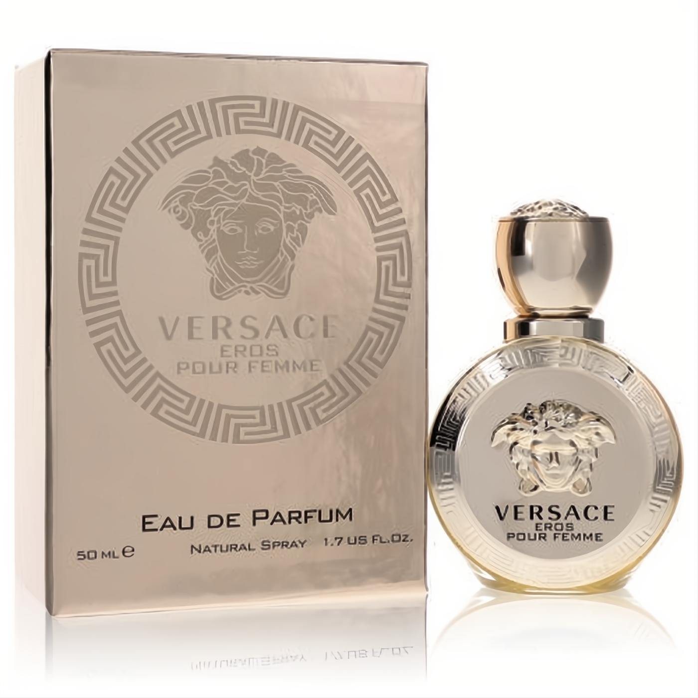Luxurious Versace Eros Pour Femme 1.7 oz EDP bottle & matching gold box. Features iconic Medusa head & Greek key design.