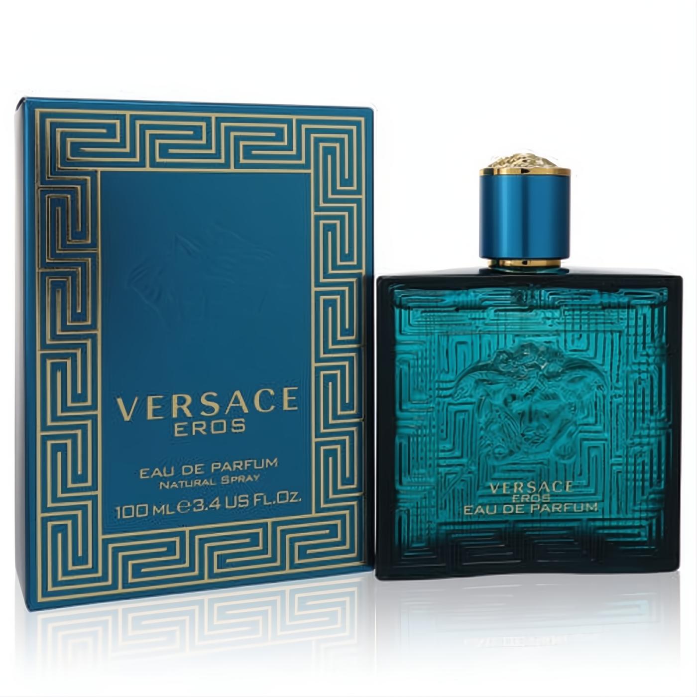 Captivating Versace Eros 3.4 oz Eau De Parfum. Bold teal bottle with iconic Medusa, gold Greek key design, and elegant matching box.