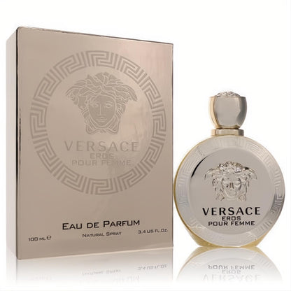Versace Eros Pour Femme Eau De Parfum 3.4 oz. Luxurious round gold bottle and matching metallic box with iconic Medusa.