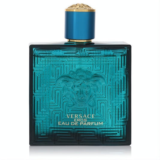 Versace Eros Eau De Parfum. Iconic teal glass bottle with embossed Medusa head, Greek key pattern, and gold cap.