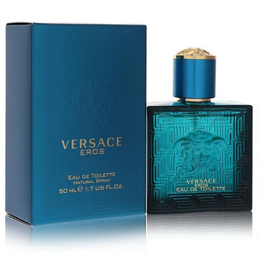 Versace Eros 1.7 oz men's EDT. Bold teal bottle with gold Medusa head, Greek key cap, and matching textured box.