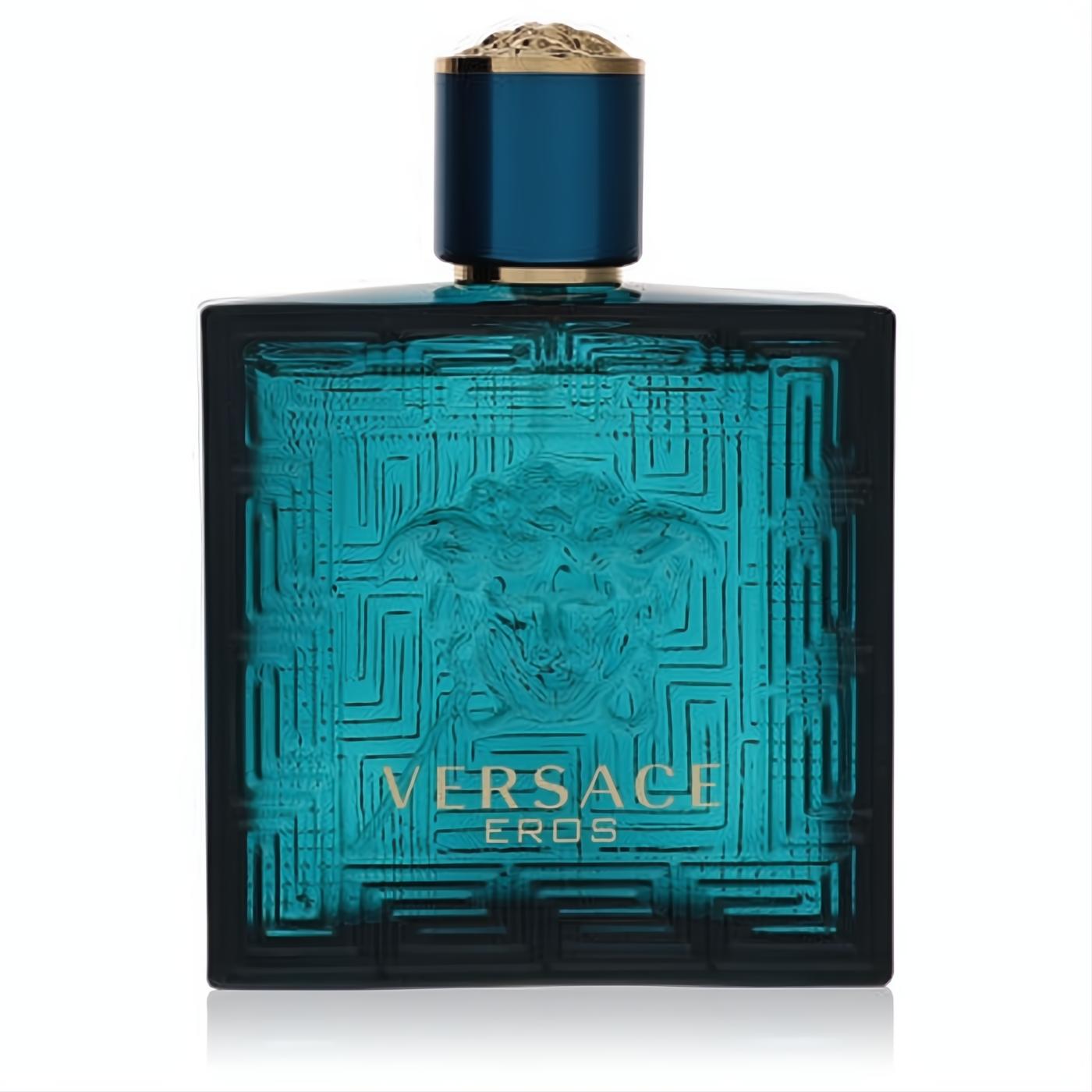 Versace Eros men's cologne: a luxurious teal glass bottle featuring a gold Medusa cap and iconic Greek key pattern.