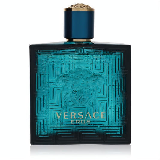 Versace Eros men's cologne: a luxurious teal glass bottle featuring a gold Medusa cap and iconic Greek key pattern.