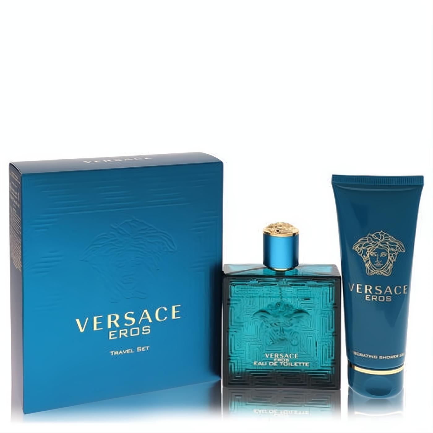 Versace Eros men's gift set: striking teal EDT spray, shower gel, and elegant box with signature gold Medusa design.