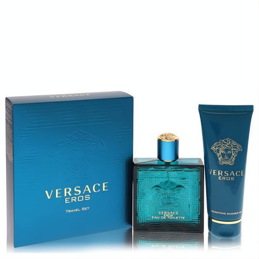 Versace Eros men's gift set: striking teal EDT spray, shower gel, and elegant box with signature gold Medusa design.