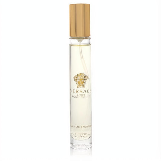 Versace Eros Pour Femme .3 oz mini EDP spray tester. Perfect travel size clear glass bottle with gold cap & Medusa logo.