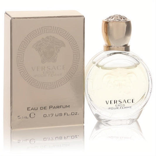 Versace Eros Pour Femme .17 oz mini EDP. Clear glass bottle, gold cap, and metallic gold box with Medusa logo.