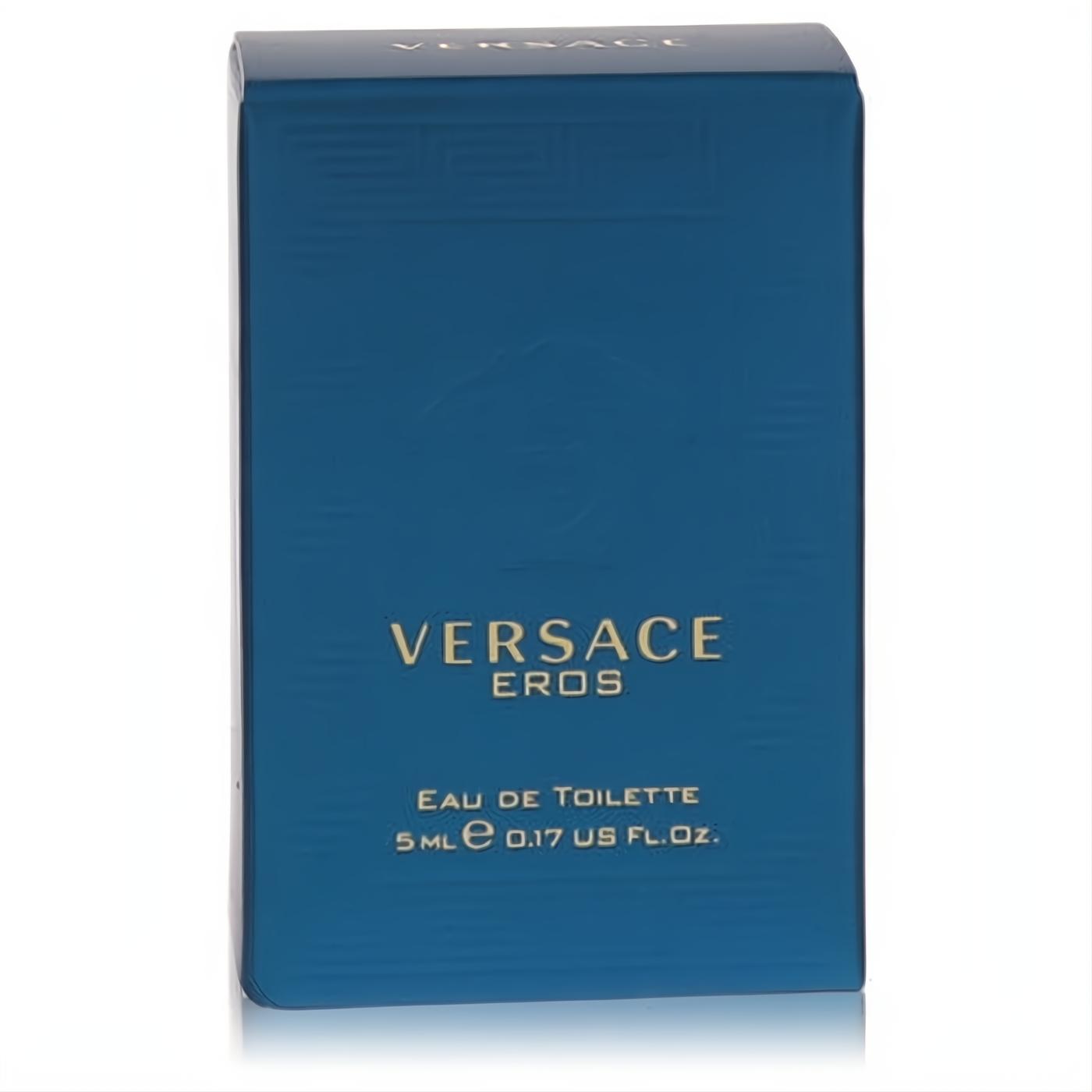 Sleek blue Versace Eros men's mini EDT 5ml cologne box, featuring elegant gold lettering and iconic design.