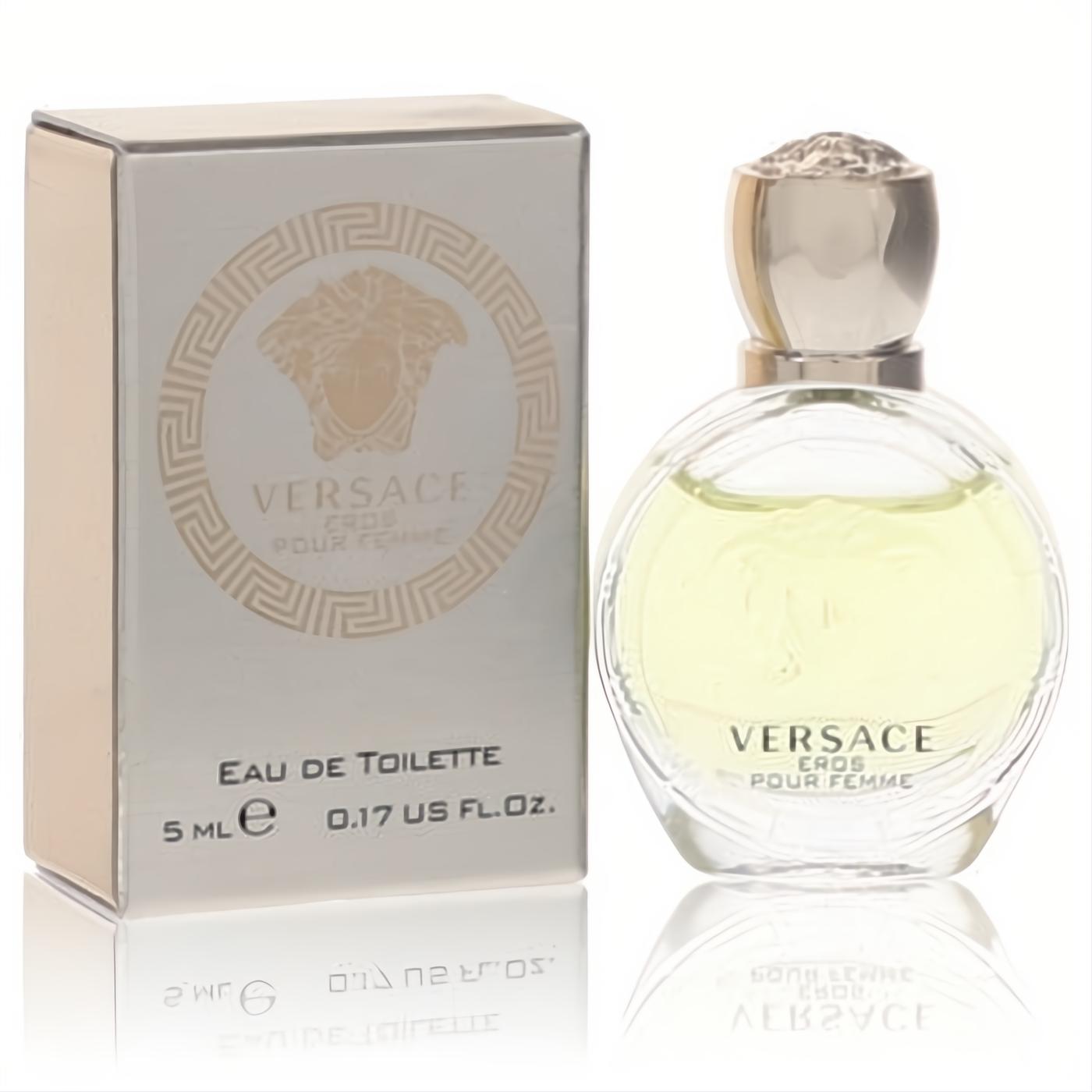 Luxurious Versace Eros Pour Femme mini fragrance. .17 oz clear glass bottle with golden cap, next to its elegant silver box.
