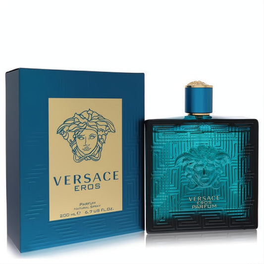 Versace Eros Parfum 6.7 oz for men: striking teal bottle with gold Medusa head, geometric design, and elegant matching box.