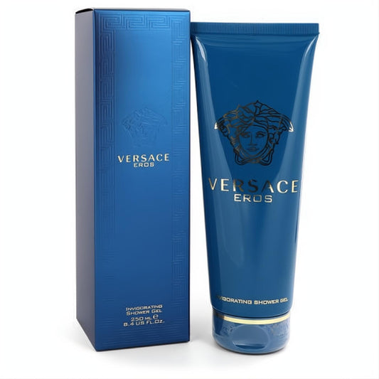 Versace Eros men's invigorating shower gel. Bold blue 8.4 oz tube and matching box with iconic gold Medusa logo for a luxurious feel.