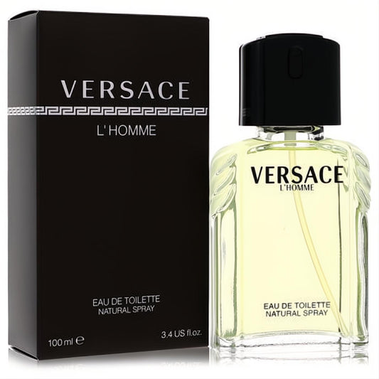 Versace L'Homme 3.4 oz men's EDT spray. Clear glass bottle with pale yellow fragrance and elegant black box featuring Greek key design.