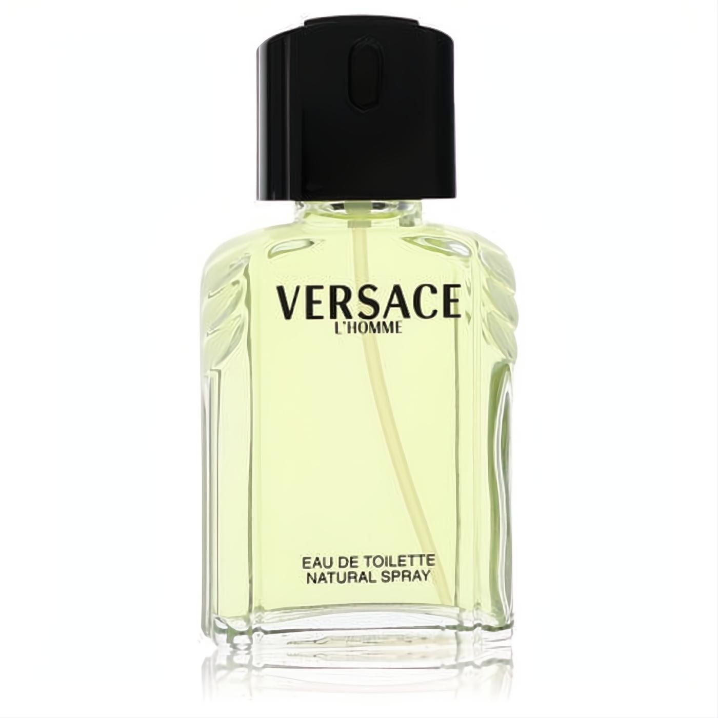 Experience Versace L'Homme 3.4 oz EDT spray. Iconic clear glass bottle with ribbed sides and sleek black cap.