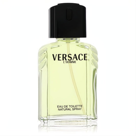 Experience Versace L'Homme 3.4 oz EDT spray. Iconic clear glass bottle with ribbed sides and sleek black cap.