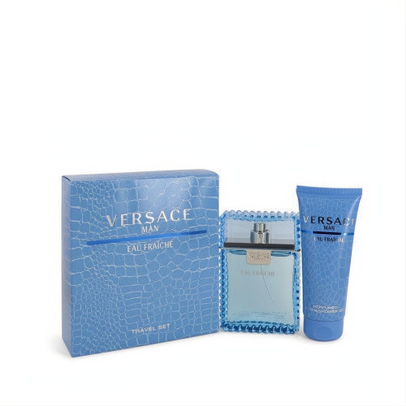 Versace Man Eau Fraiche 3.3 oz EDT & shower gel gift set. Iconic blue textured glass bottle and matching croc-pattern box.