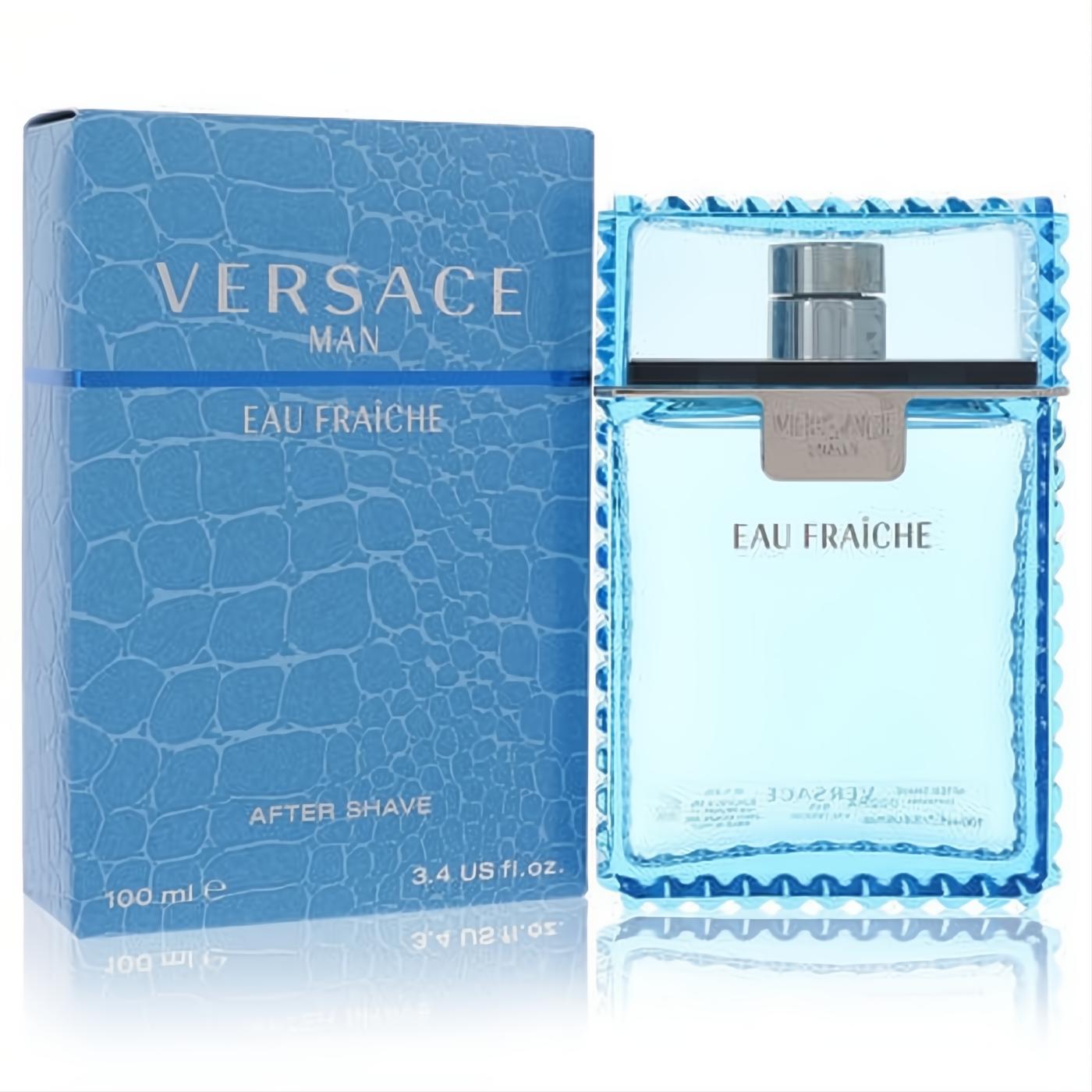 Versace Man Eau Fraiche After Shave 3.4 oz. Sleek light blue bottle with ridged top, silver cap, alongside its matching crocodile-textured box.