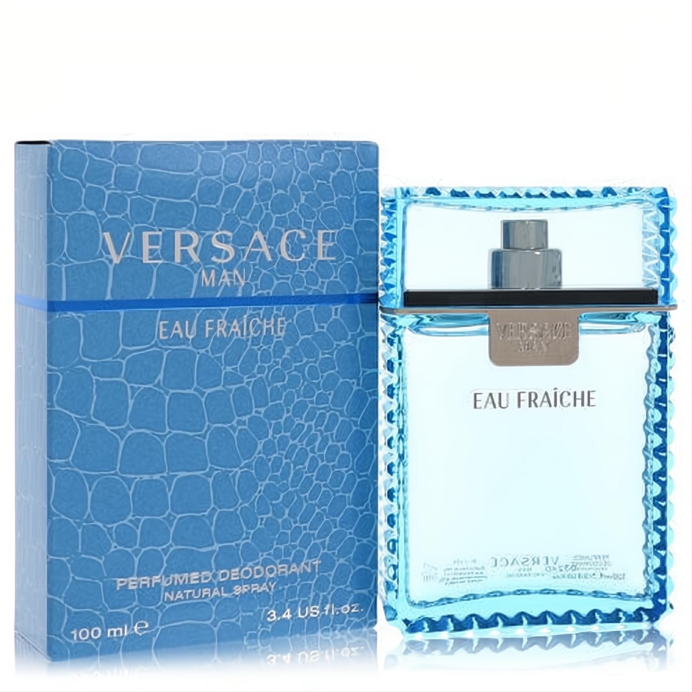 Versace Man Eau Fraiche Deodorant Spray 3.4 oz. Vibrant blue crocodile-textured box and sleek clear bottle.