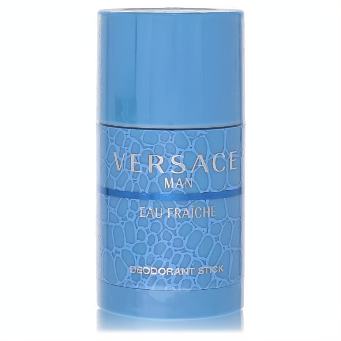 Stylish light blue Versace Man Eau Fraiche 2.5 oz deodorant stick with unique crocodile-textured design.
