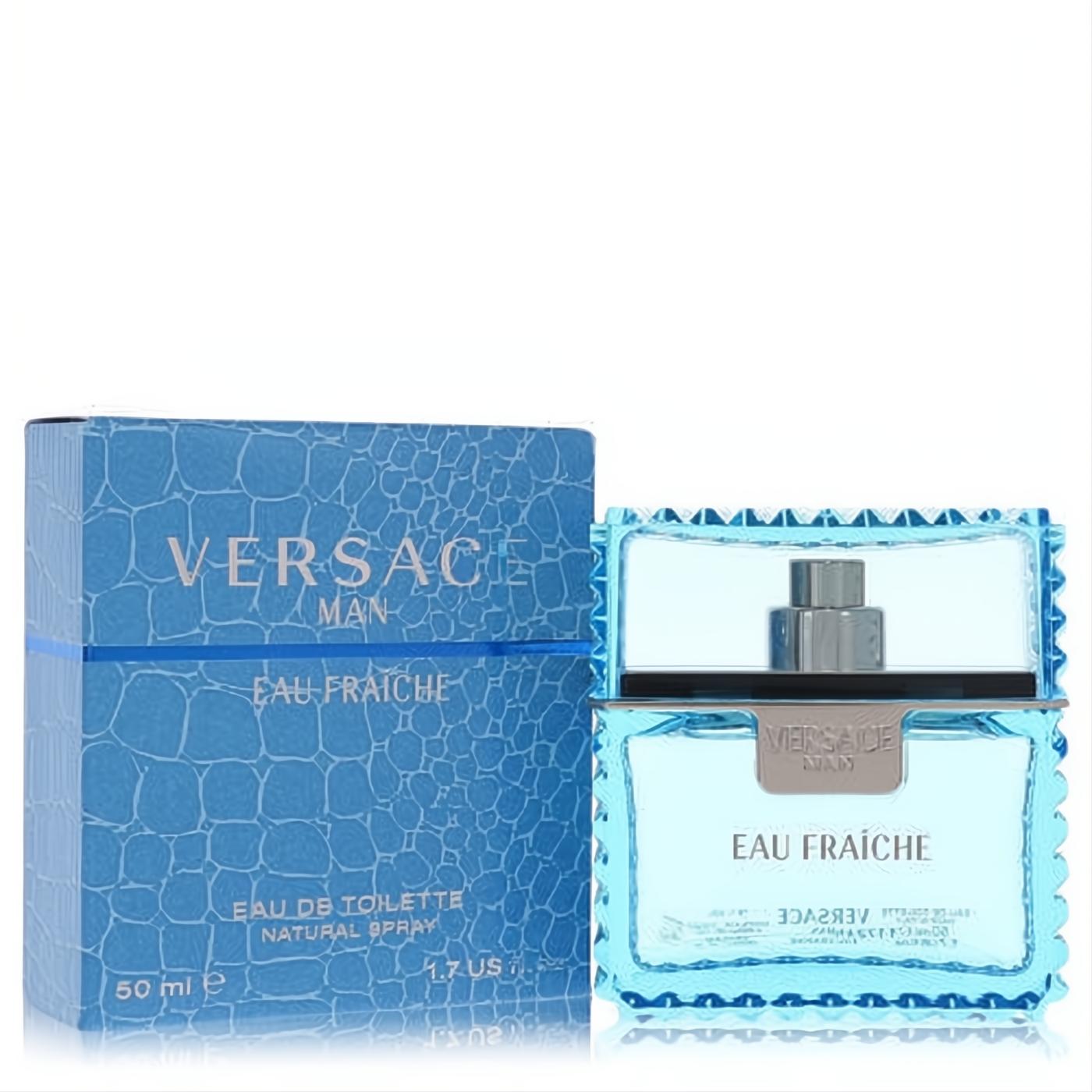 Versace Man Eau Fraiche 50ml blue Eau De Toilette spray. Modern textured glass bottle and matching crocodile-patterned gift box for men.