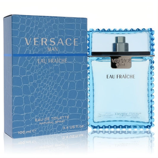 Versace Man Eau Fraiche 3.4 oz EDT spray in a vibrant blue crocodile-textured box and stylish ridged glass bottle.