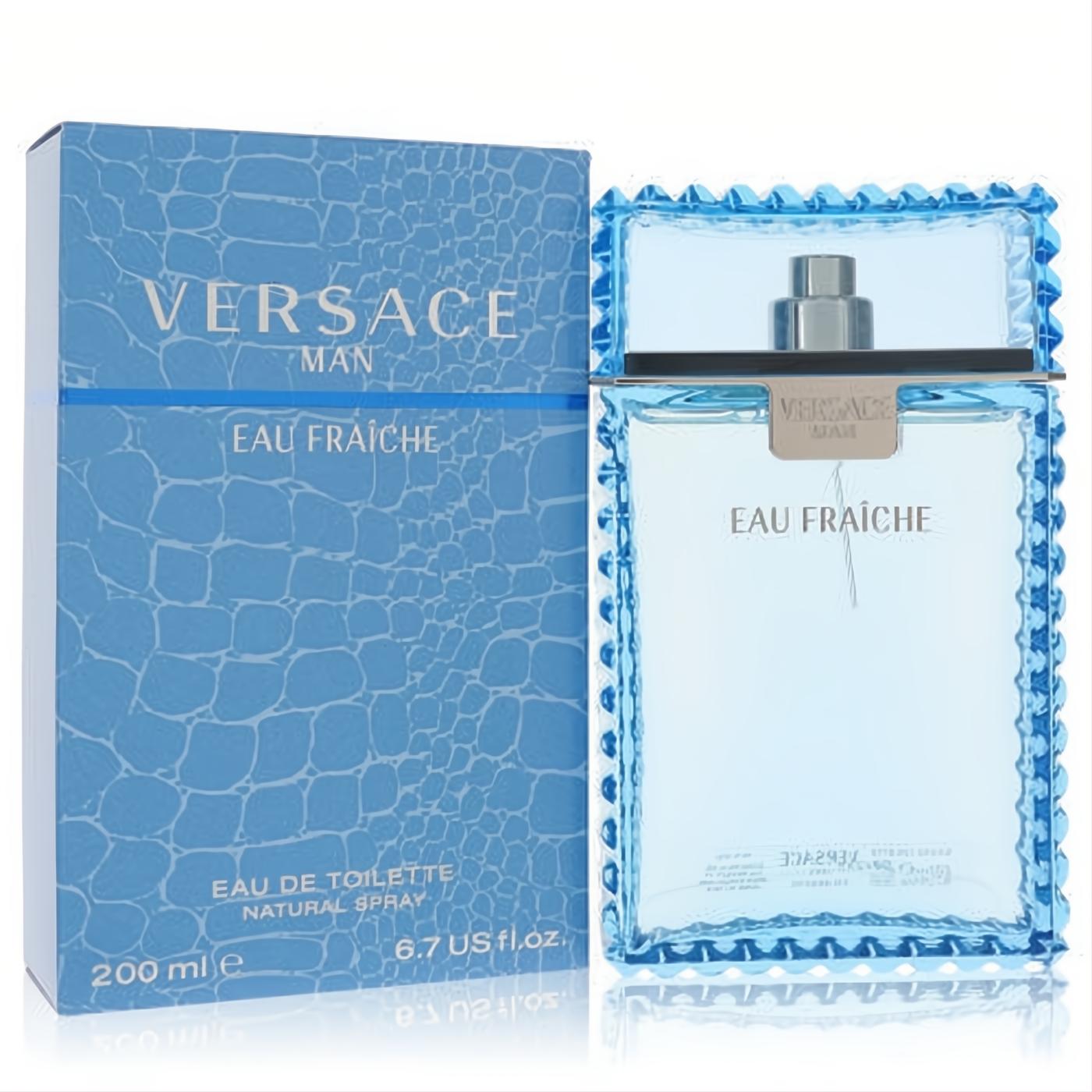 Versace Man Eau Fraiche 6.7 oz EDT spray. Vibrant blue textured glass bottle with silver accents, displayed next to its matching box.