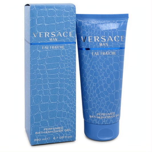 Indulge in Versace Man Eau Fraiche Shower Gel 6.7 oz. Features a stylish light blue crocodile-textured tube and box.