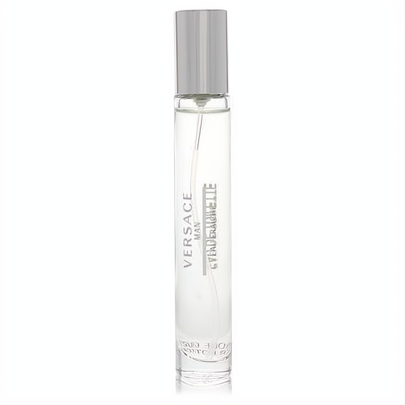 Discover Versace Man Eau Fraiche .3 oz mini tester. Sleek clear glass spray bottle with a modern silver cap.