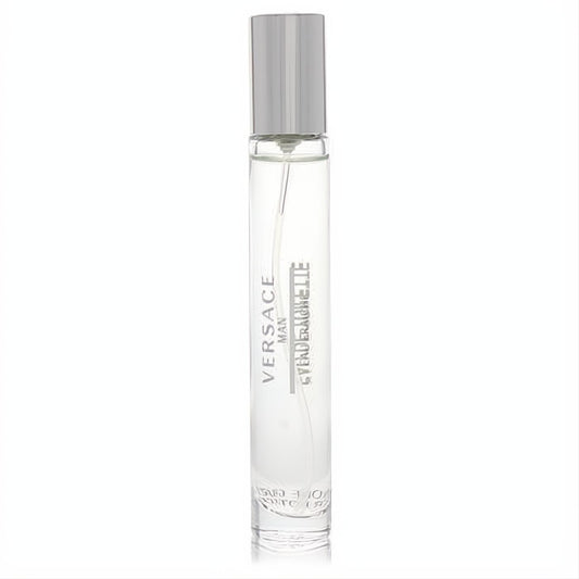 Discover Versace Man Eau Fraiche .3 oz mini tester. Sleek clear glass spray bottle with a modern silver cap.