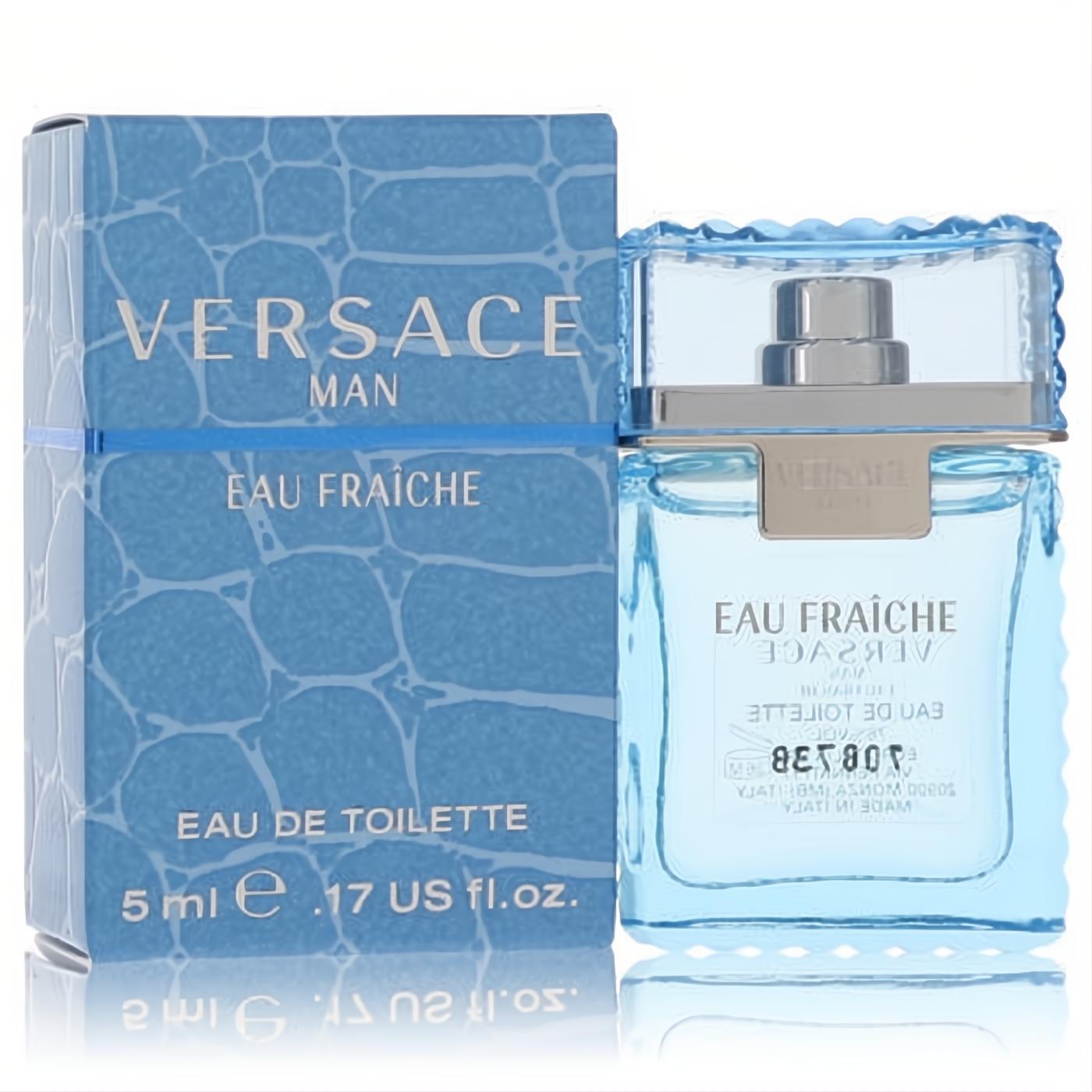 Refreshing Versace Man Eau Fraiche .17 oz mini cologne in a clear blue glass bottle with a distinctive textured blue box.
