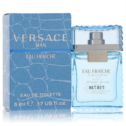 Refreshing Versace Man Eau Fraiche .17 oz mini cologne in a clear blue glass bottle with a distinctive textured blue box.