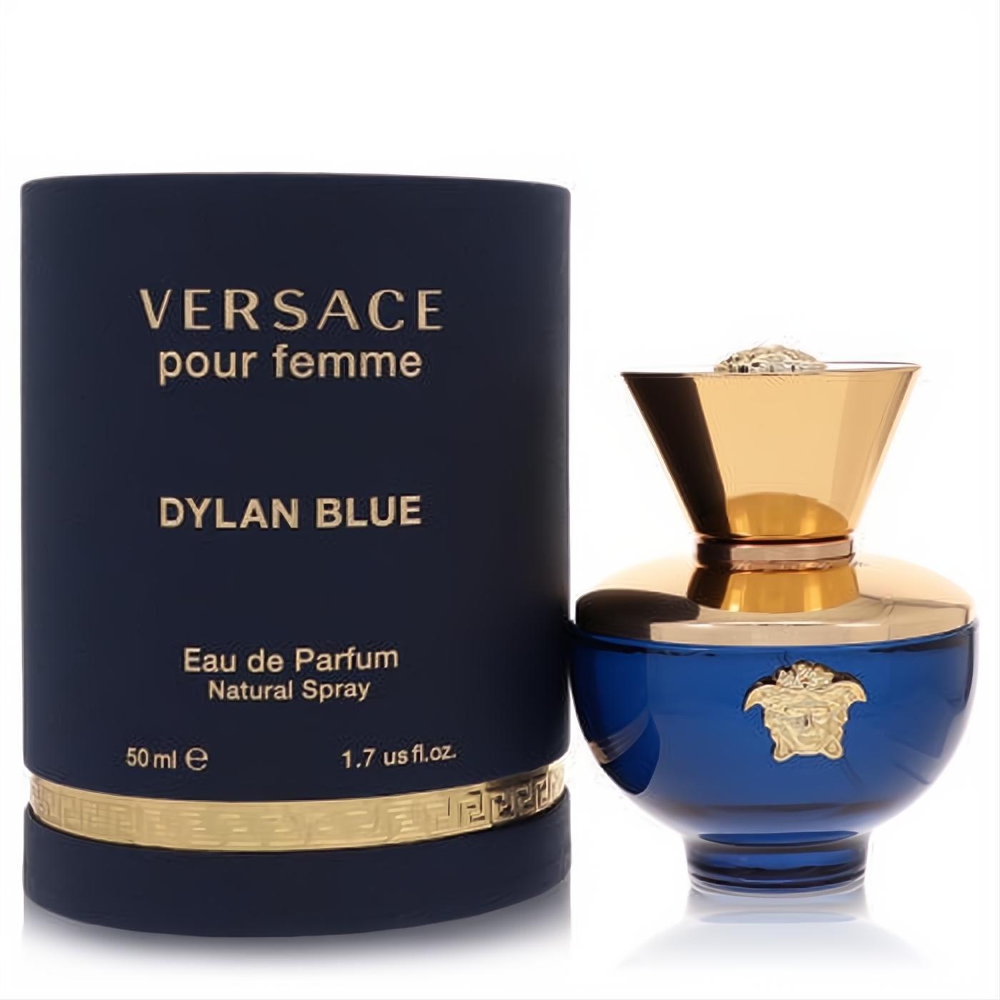 Versace Dylan Blue 1.7 oz EDP. Striking cobalt blue bottle with gold Medusa head and elegant gold cap, next to its matching blue box.