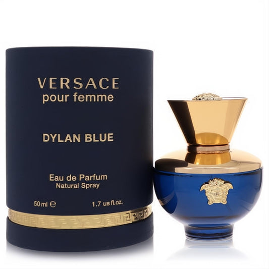 Versace Dylan Blue 1.7 oz EDP. Striking cobalt blue bottle with gold Medusa head and elegant gold cap, next to its matching blue box.