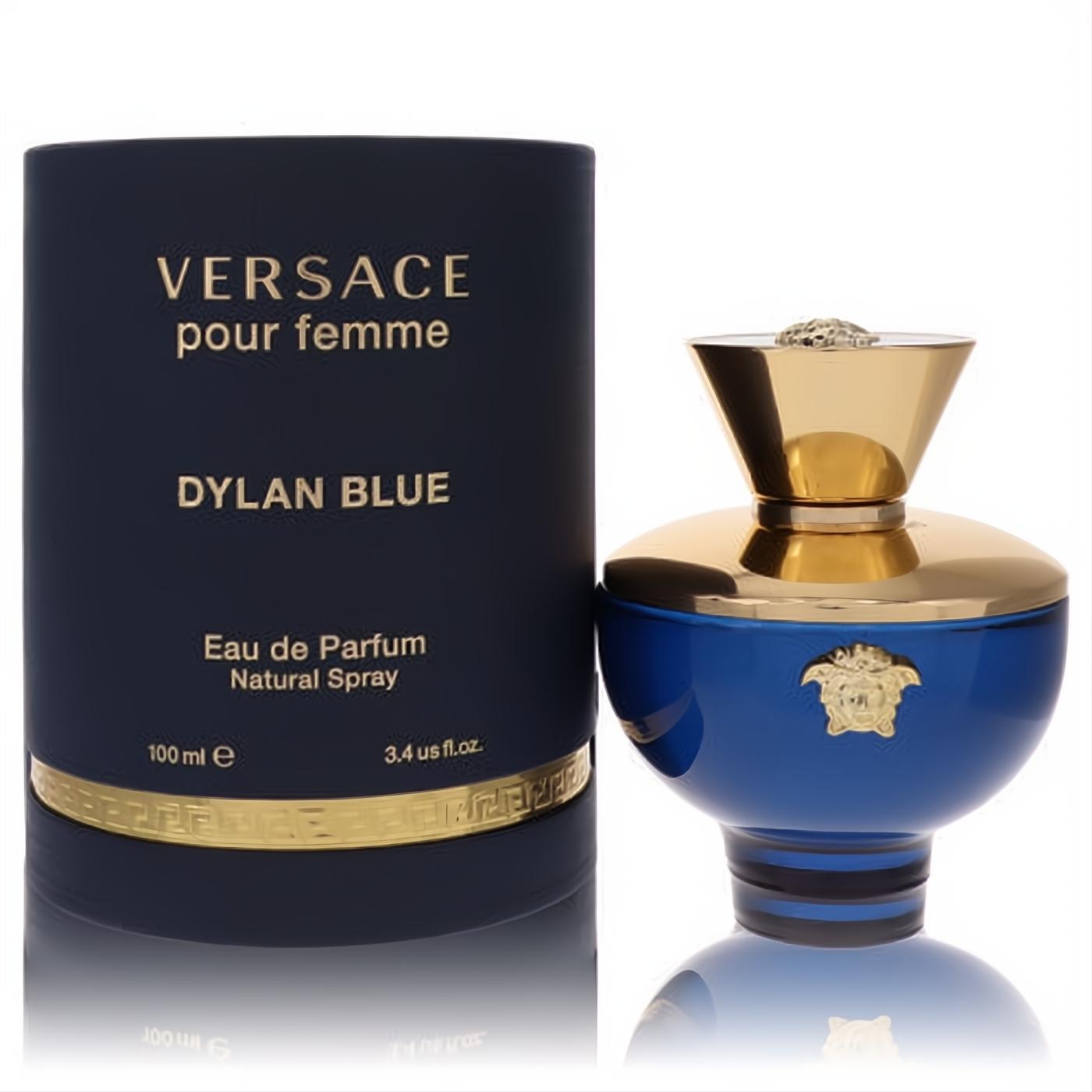 Versace Pour Femme Dylan Blue 3.4 oz EDP: striking deep blue bottle with gold Medusa logo and elegant matching box.