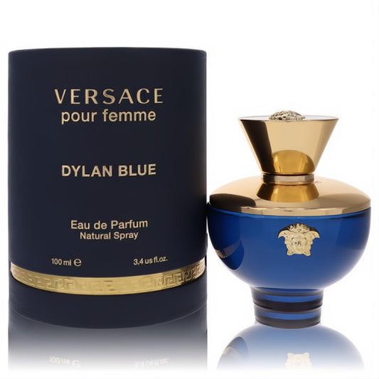 Versace Pour Femme Dylan Blue 3.4 oz EDP: striking deep blue bottle with gold Medusa logo and elegant matching box.