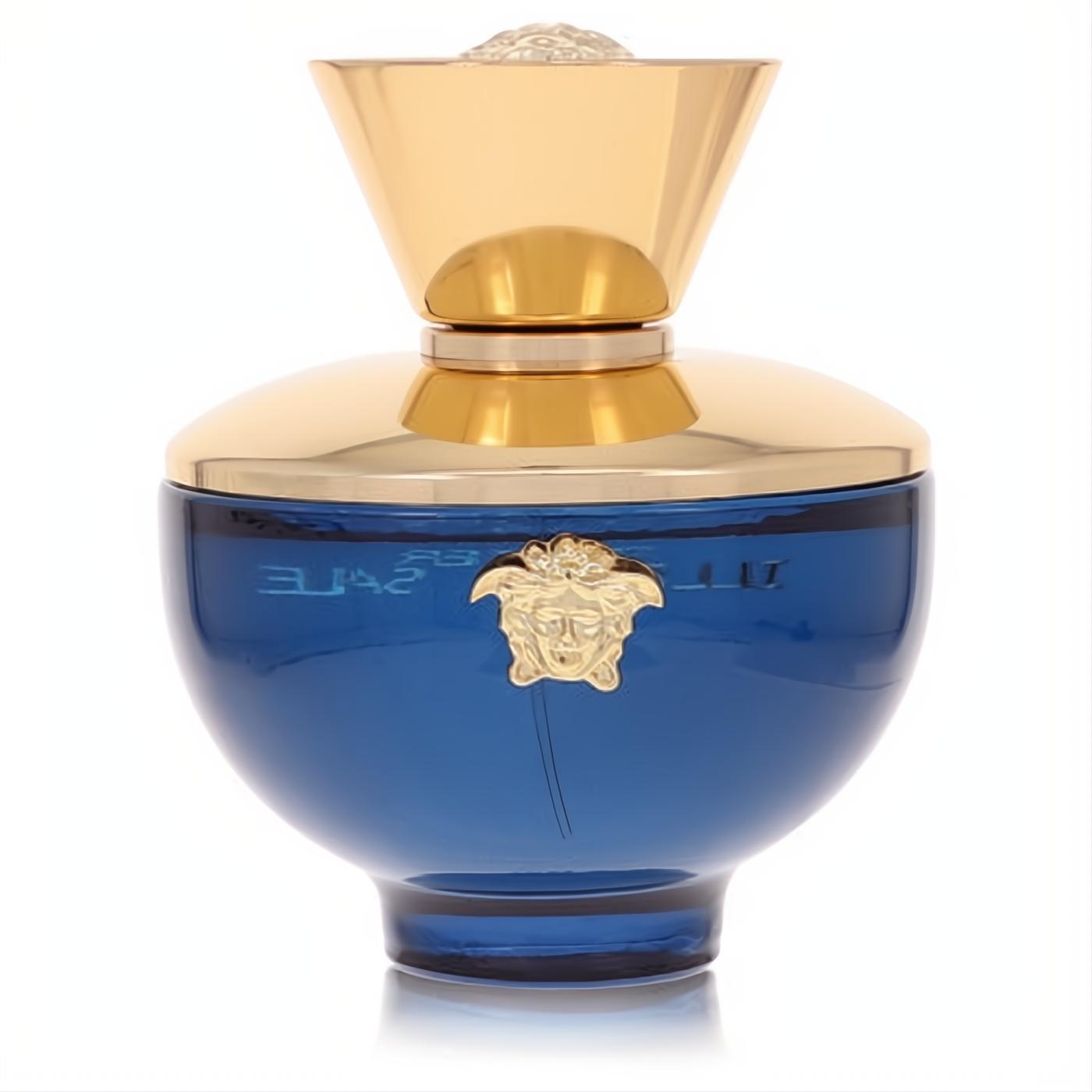 Luxurious Versace Dylan Blue perfume bottle, deep royal blue glass with a gleaming gold cap and iconic Medusa emblem.
