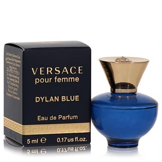 Versace Dylan Blue mini EDP 0.17 oz. Elegant deep blue bottle with gold Medusa cap and matching navy box.
