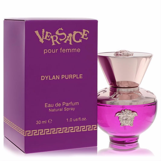Versace Dylan Purple 1 oz Eau de Parfum. Dazzling fuchsia bottle with iconic gold Medusa emblem & chic purple packaging.