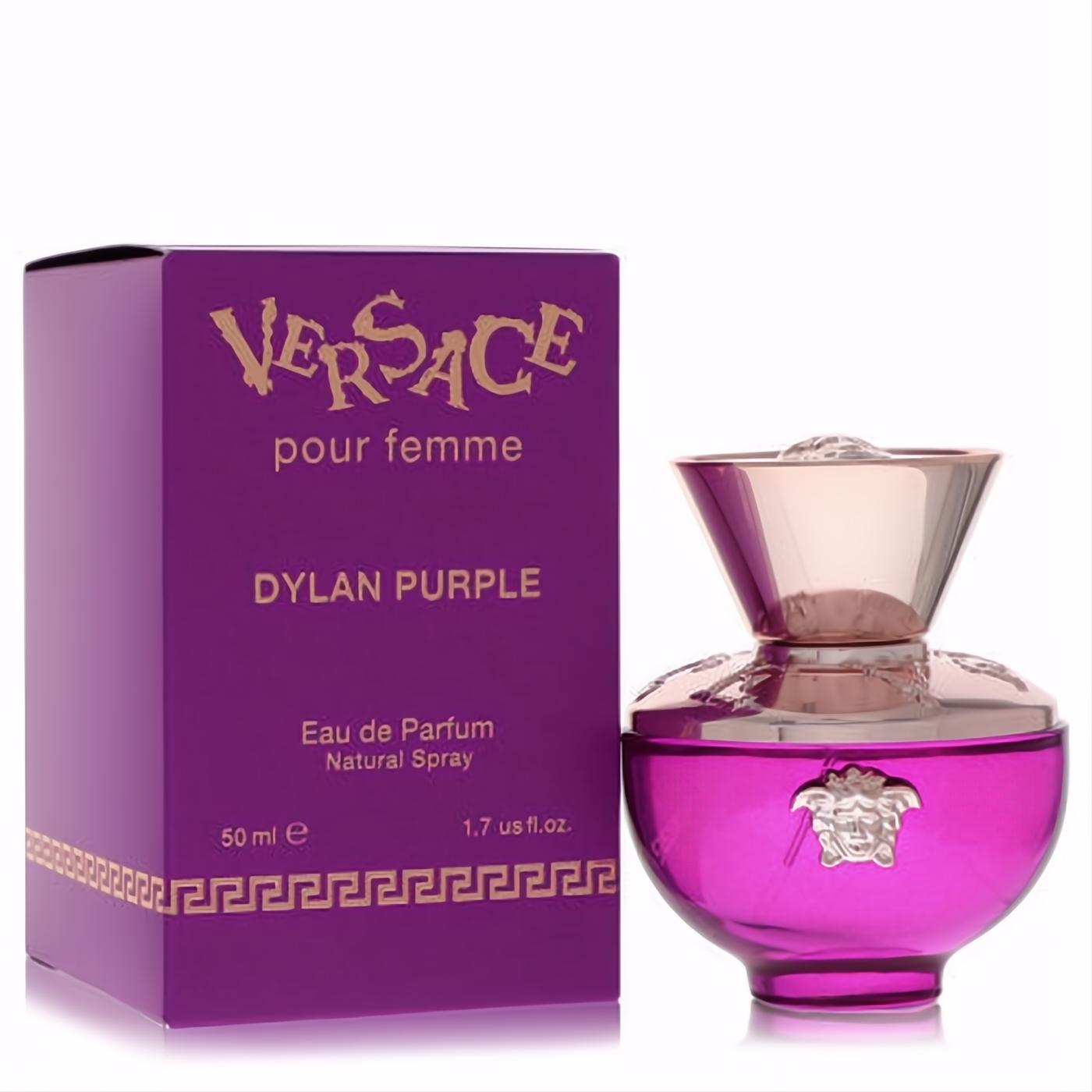 Versace Pour Femme Dylan Purple 1.7 oz EDP. Vibrant purple bottle with rose gold Medusa details, beside its elegant box.