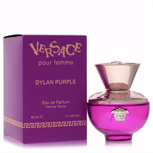 Versace Pour Femme Dylan Purple 1.7 oz EDP. Vibrant purple bottle with rose gold Medusa details, beside its elegant box.
