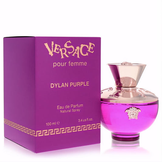 Indulge in Versace Dylan Purple Eau de Parfum, 3.4 oz. Bold purple bottle with ornate rose gold Medusa cap & matching box.