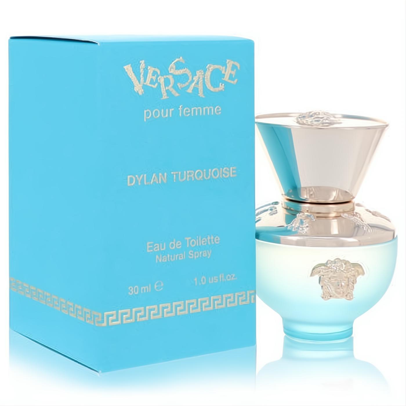 Versace Pour Femme Dylan Turquoise 1 oz EDT. Daring turquoise bottle, gold Medusa, elegant Greek key box.