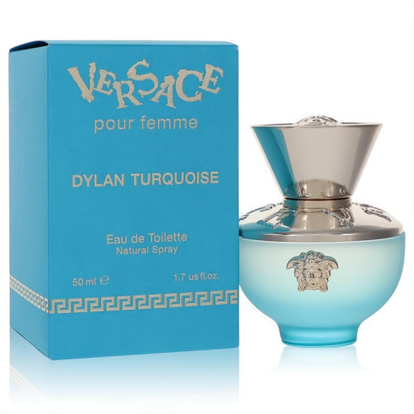Versace Dylan Turquoise 1.7 oz EDT. Daring frosted blue bottle with iconic silver Medusa cap and vibrant matching turquoise box.