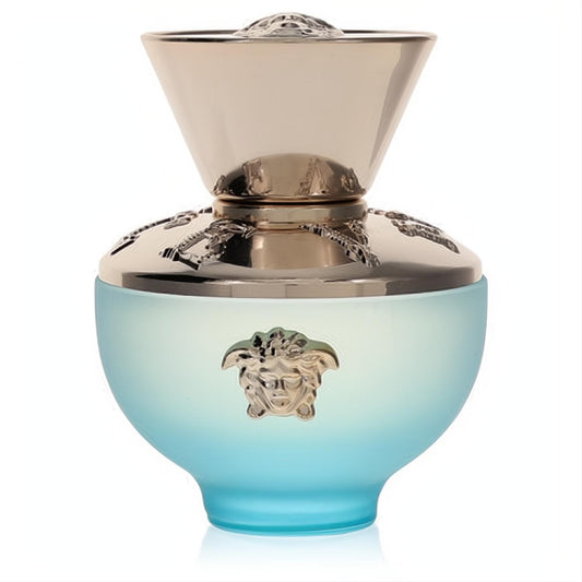 Versace Dylan Turquoise 1.7 oz women's fragrance. Frosted turquoise glass bottle with an iconic gold Medusa head and elegant metallic cap.