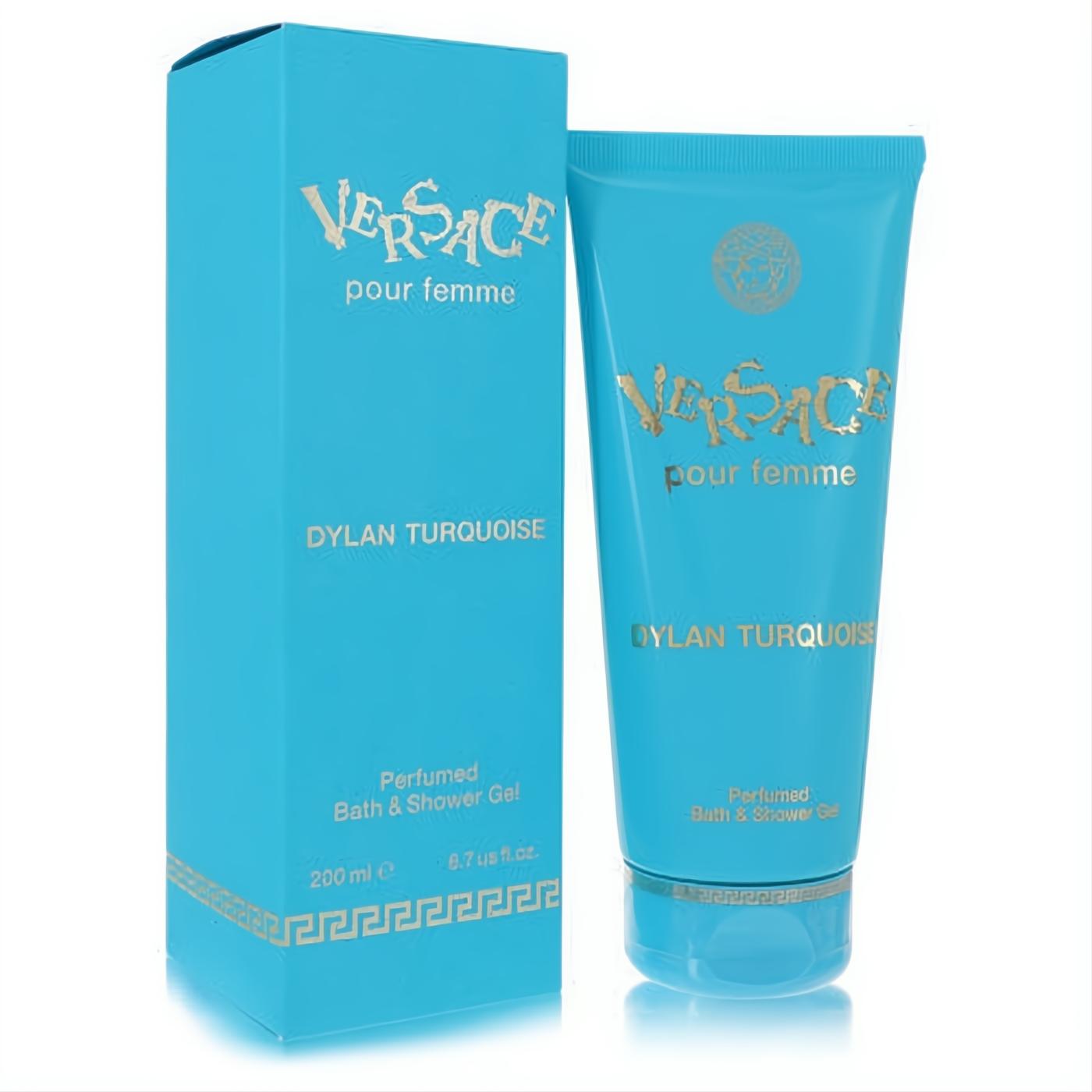 Vibrant Versace Pour Femme Dylan Turquoise shower gel, 6.7 oz. Sleek turquoise tube with gold Medusa logo and matching box.