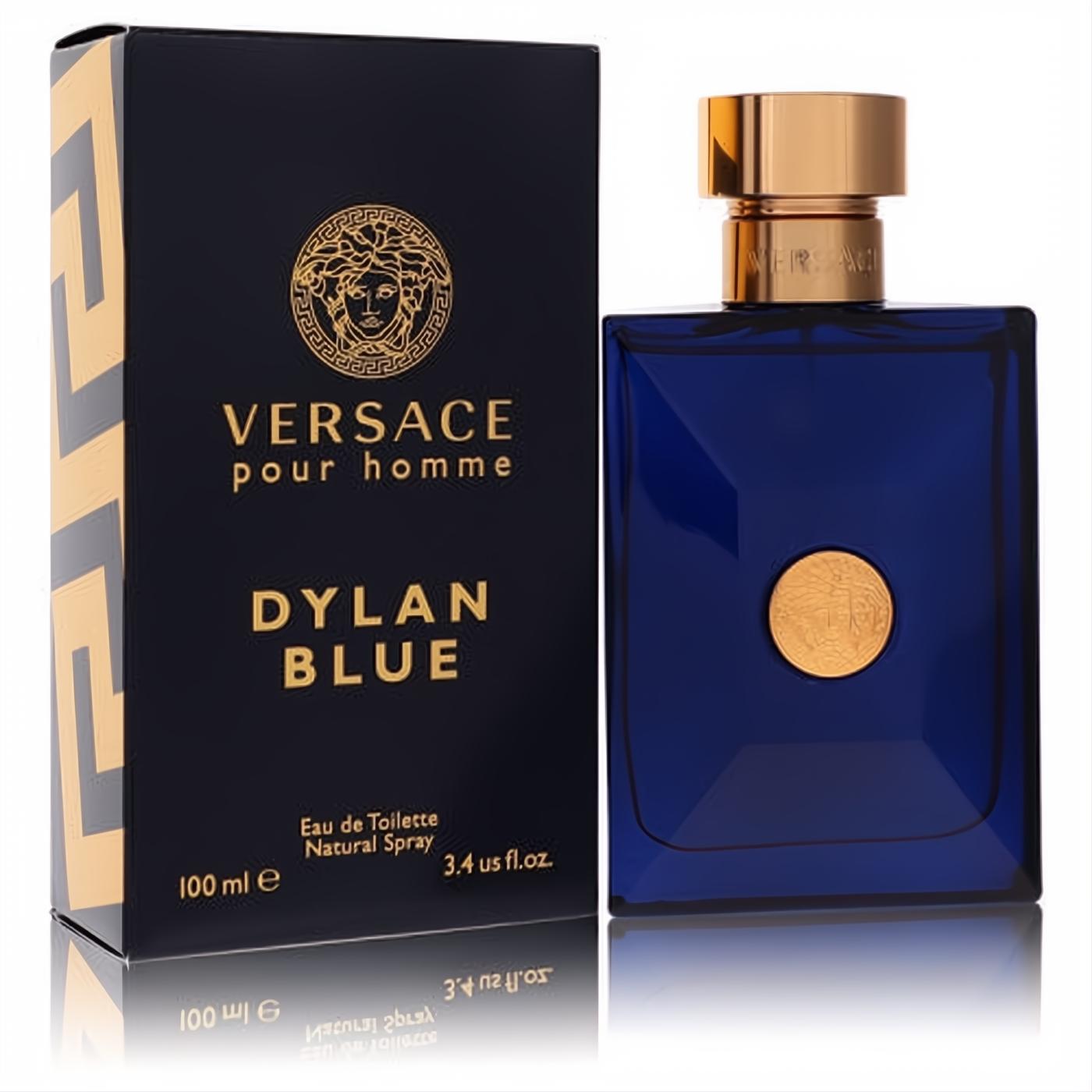 Elevate your style with Versace Pour Homme Dylan Blue 3.4 oz EDT: a sophisticated dark blue bottle featuring a gold Medusa.