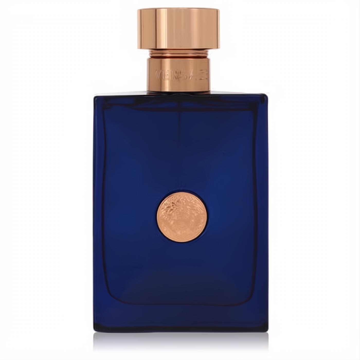 Versace Dylan Blue 3.4 oz men's fragrance. Striking deep blue bottle, luxurious rose gold cap, and iconic Medusa emblem.